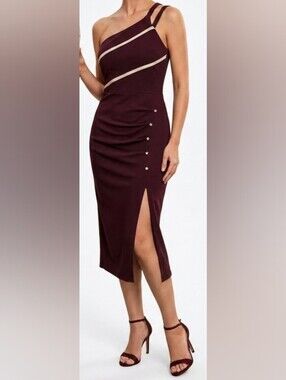 Women's One Shoulder Ribbed Midi Dress with Side Slit and Side Rhinestones